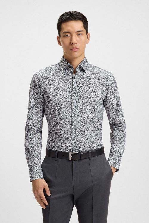 Camisa Slim Fit En Popelín De Algodón Elástico Con Estampado Floral